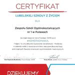 certfikat lubelskiej szkoły z życiem za organizację akcji komórkomania